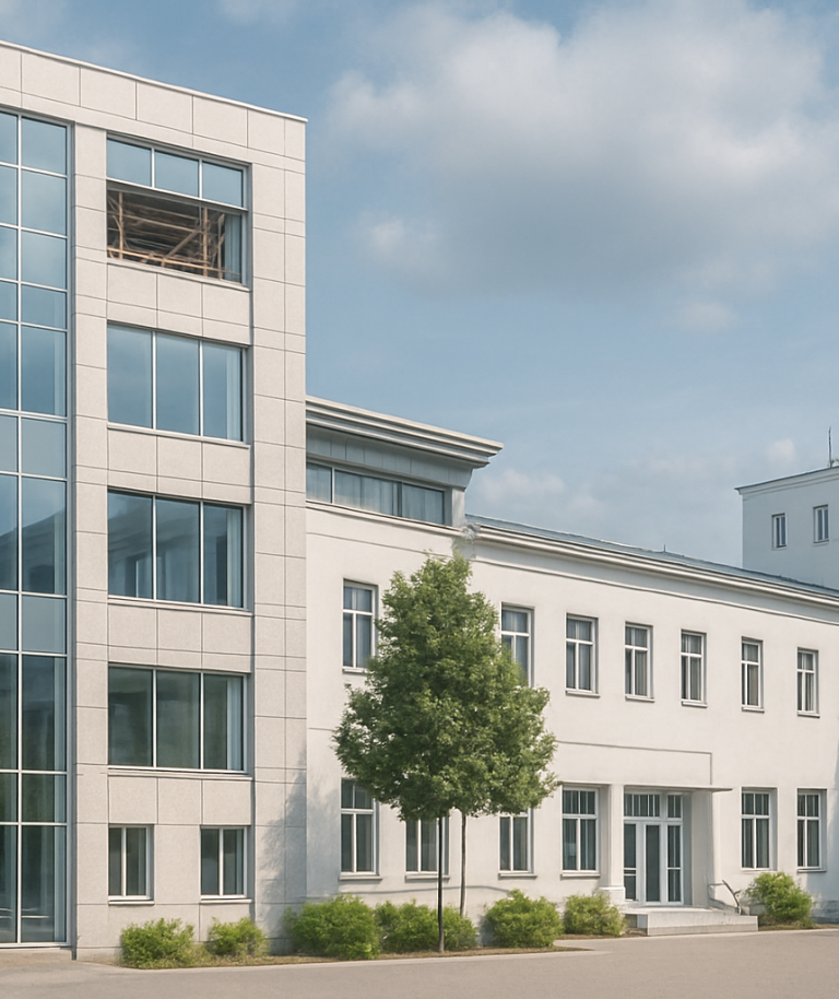 Schröder Rechtsanwälte Bürogebäude Moderne Gebäude mit Glasfassade und grüner Bepflanzung im Vordergrund.