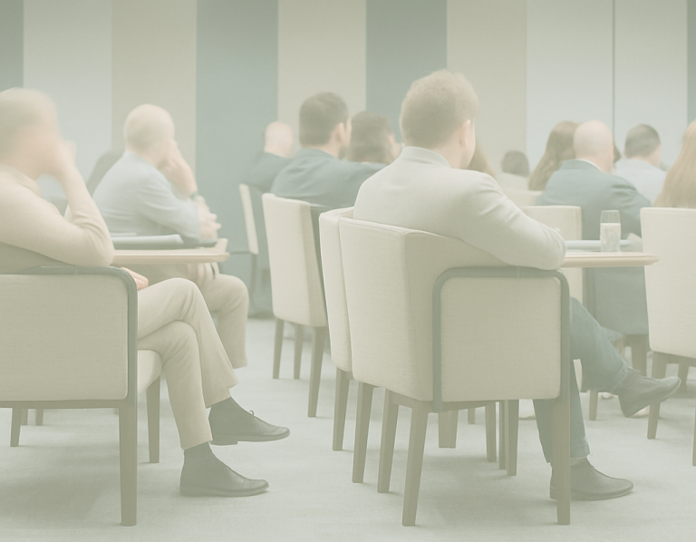 Wohnungseigentümer Versammlung Gruppe von Personen in einem Konferenzraum, von hinten betrachtet.