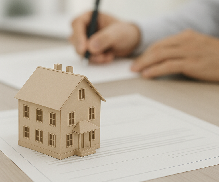 Immobilienrecht Modell eines Hauses auf einem Tisch, während jemand mit einem Stift schreibt.