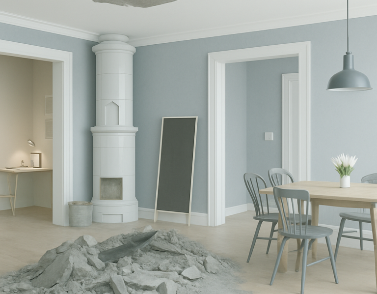 Bauschaden in Mietwohnung Wohnzimmer mit grauen Wänden, Tisch, Stühlen und einem Haufen aus Bauerde.