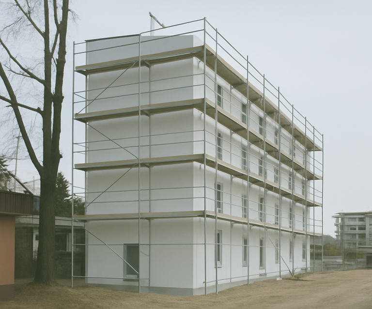 Mehrfamilienhaus im Bau befindlich Neues, unvollendetes Gebäude mit Gerüst vor grauem Himmel.