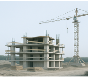 Rohbau Bau eines mehrstöckigen Gebäudes mit einem Kran und Baustellenmaterialien.